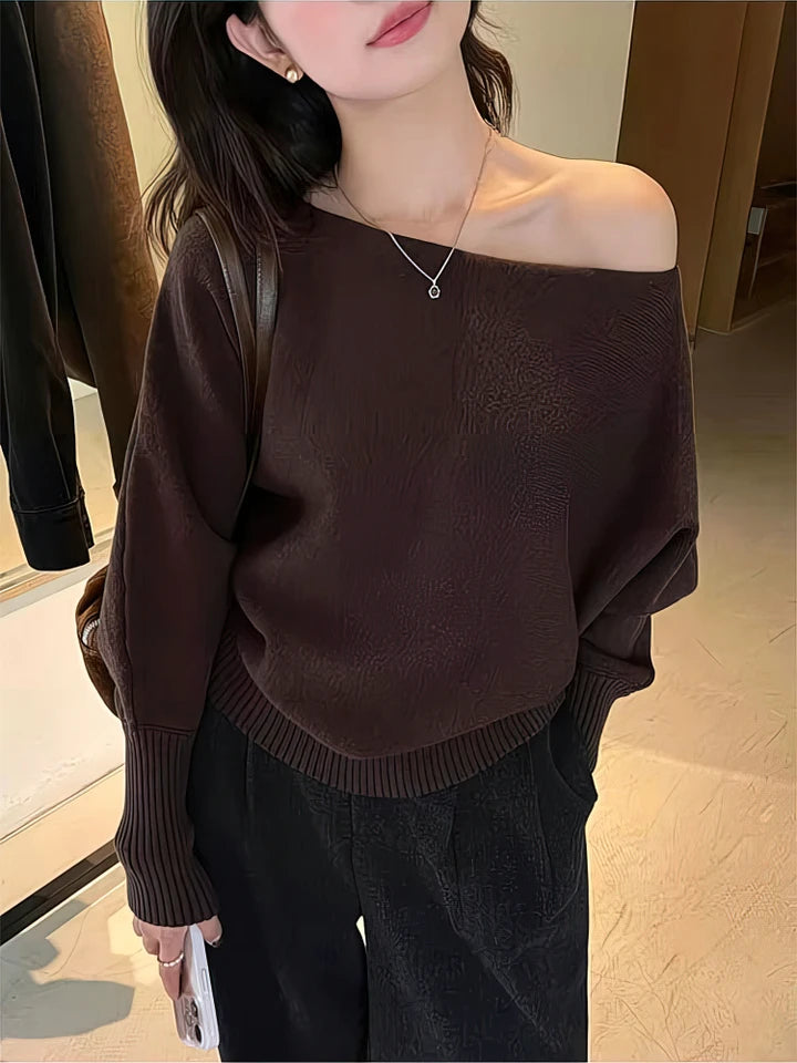 Women’s Batwing Off-Shoulder Knit Sweater – Thick Loose Autumn Pullover