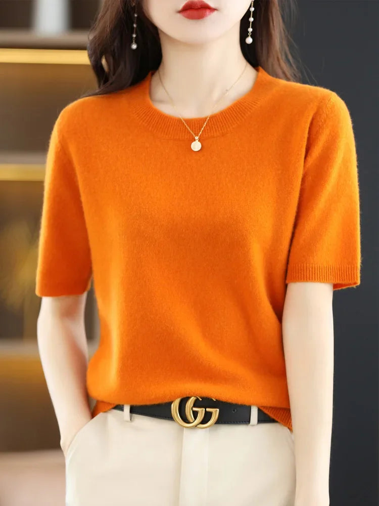 Short Sleeve O-Neck Knit Sweater for Women – Spring Summer Slim Pullover