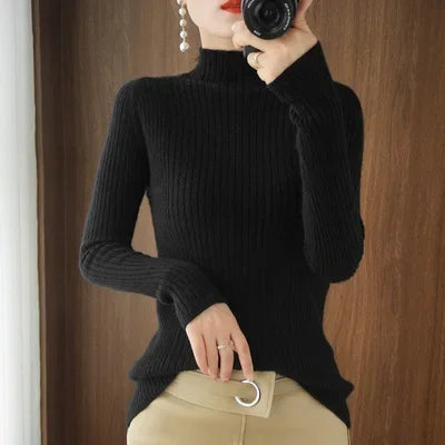 Women’s Thick Warm Slim Sweater, Solid Knit Half-High Collar Autumn Winter