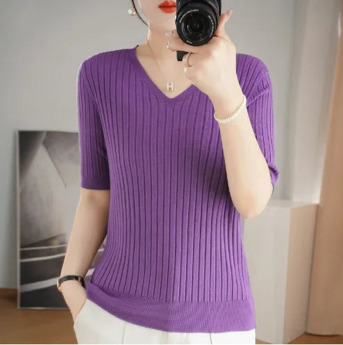 Women’s Short Sleeve V-Neck Knit Top – Casual Summer Stripe Pullover