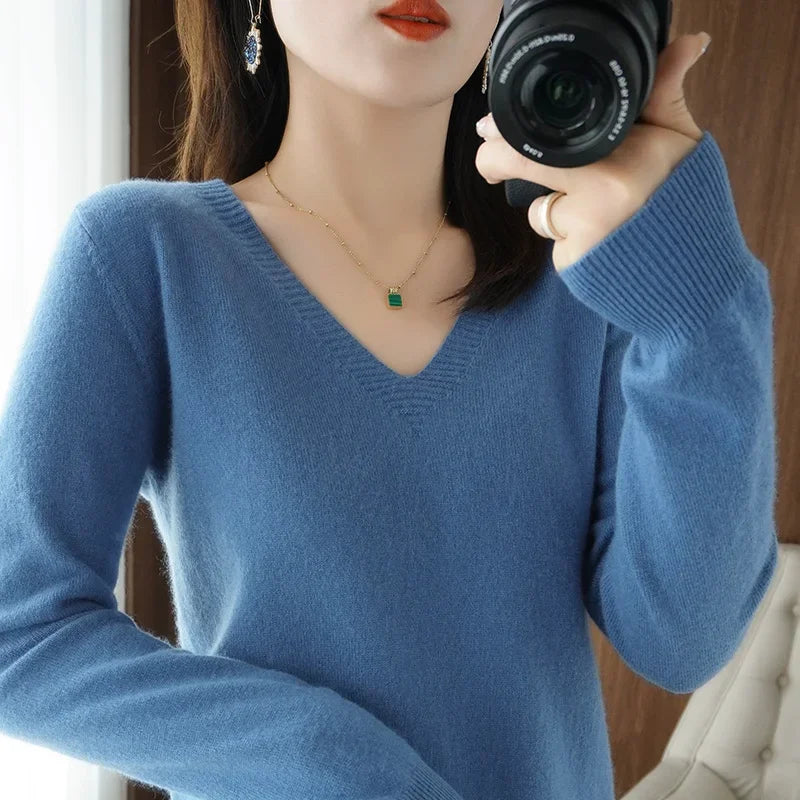 Women’s V-Neck Solid Knit Sweater – Casual Slim Fit Spring Autumn Top