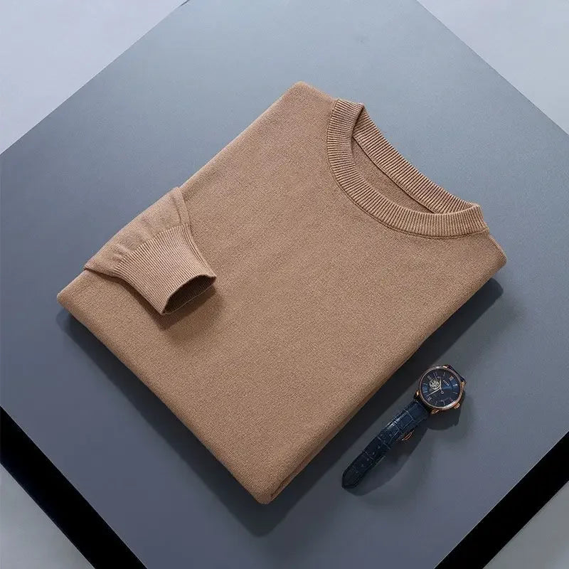Men’s Soft Wool Sweater, Loose Round Neck Solid Warm Business Knit Top