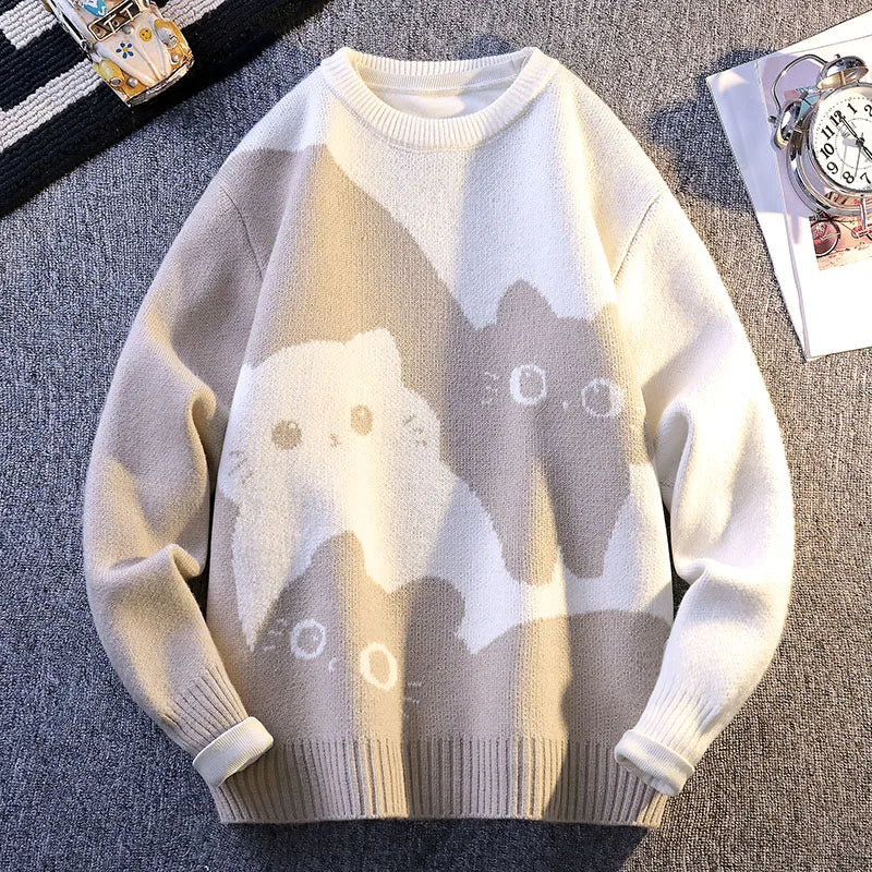 Men’s Cartoon Cat Knit Sweater 2025 – Warm Autumn/Winter Pullover Home Wear