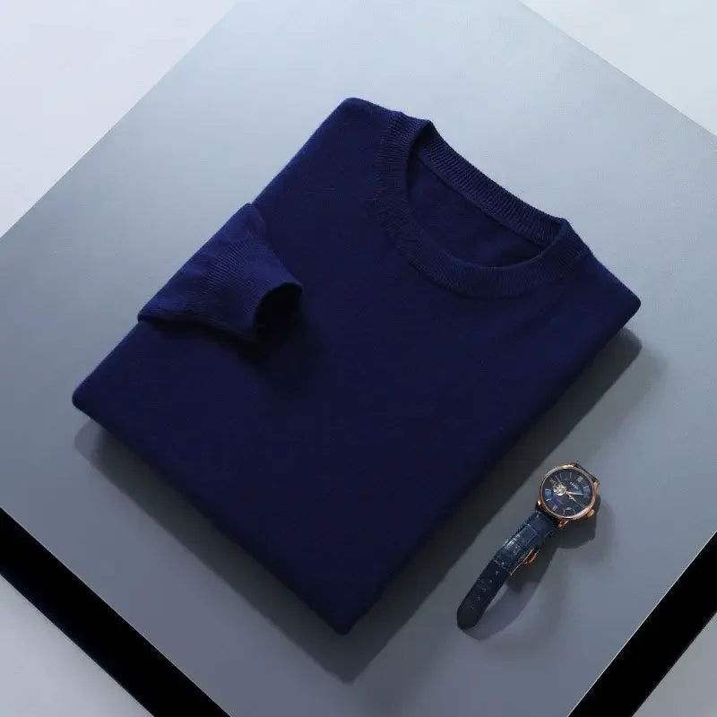 Men’s Soft Wool Sweater, Loose Round Neck Solid Warm Business Knit Top