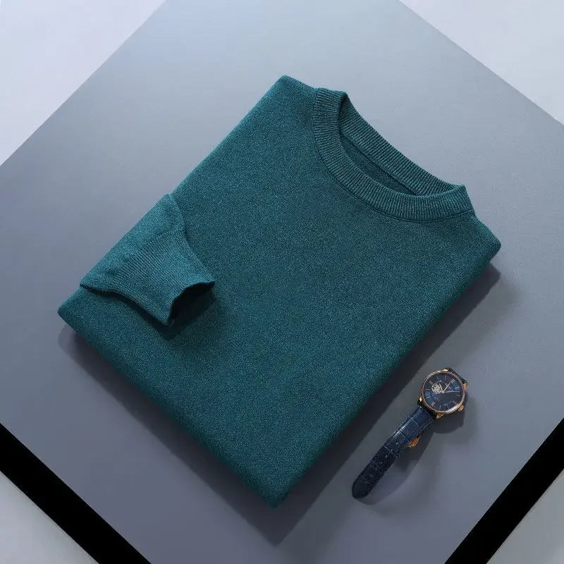 Men’s Soft Wool Sweater, Loose Round Neck Solid Warm Business Knit Top