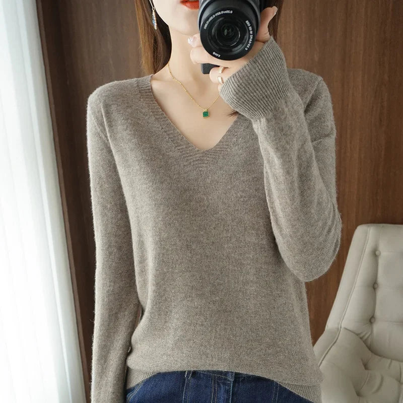 Women’s V-Neck Solid Knit Sweater – Casual Slim Fit Spring Autumn Top