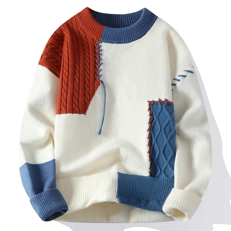 Men’s Patchwork Knit Sweater – Trendy Autumn Winter Streetwear 2025