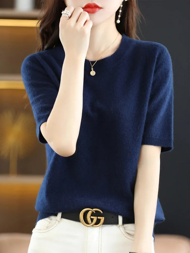 Short Sleeve O-Neck Knit Sweater for Women – Spring Summer Slim Pullover