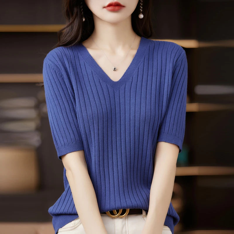 Women’s Short Sleeve V-Neck Knit Top – Casual Summer Stripe Pullover