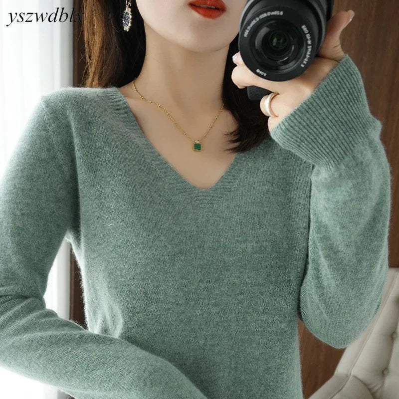 Women’s V-Neck Solid Knit Sweater – Casual Slim Fit Spring Autumn Top