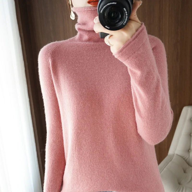 Women’s Turtleneck Slim Sweater, Solid High-Stretch Knit Top Autumn Winter