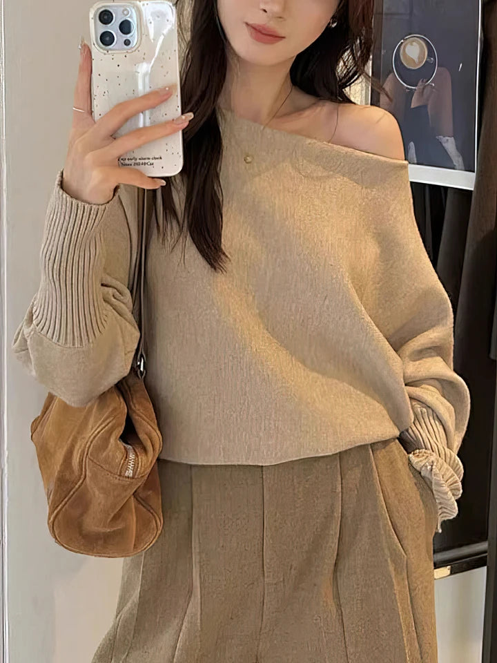 Women’s Batwing Off-Shoulder Knit Sweater – Thick Loose Autumn Pullover