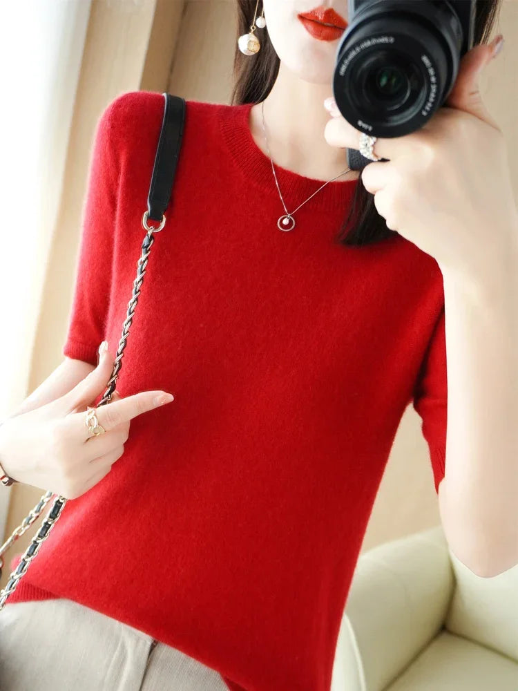 Short Sleeve O-Neck Knit Sweater for Women – Spring Summer Slim Pullover