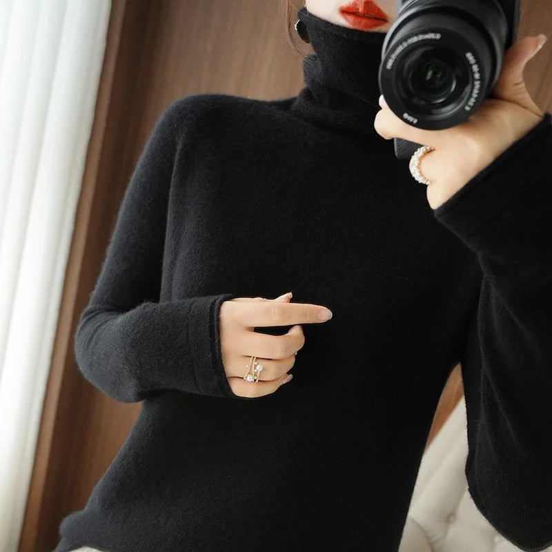 Women’s Turtleneck Slim Sweater, Solid High-Stretch Knit Top Autumn Winter