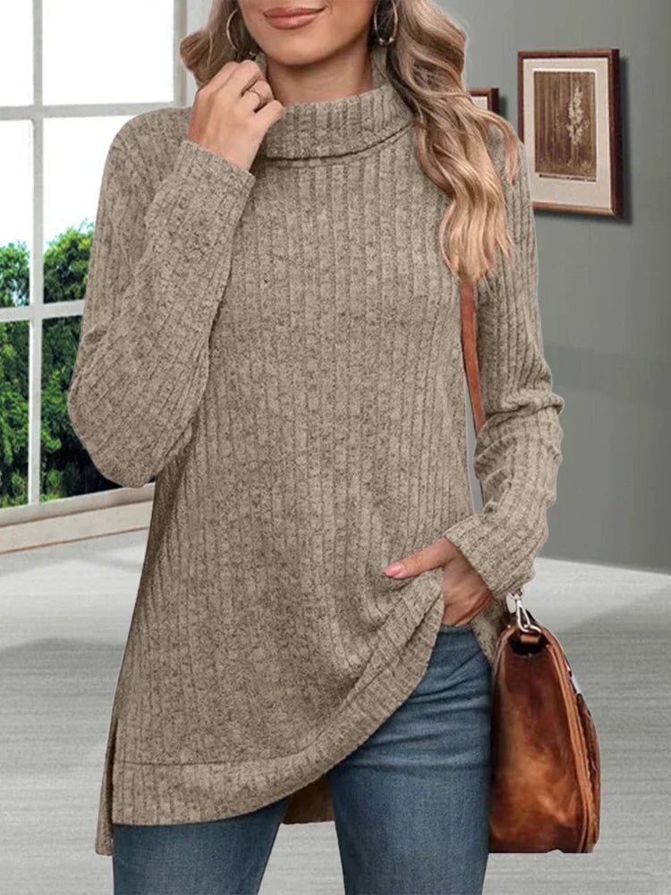 Women’s Loose Thick Turtleneck Sweater, Soft Striped Knit Warm Pullover