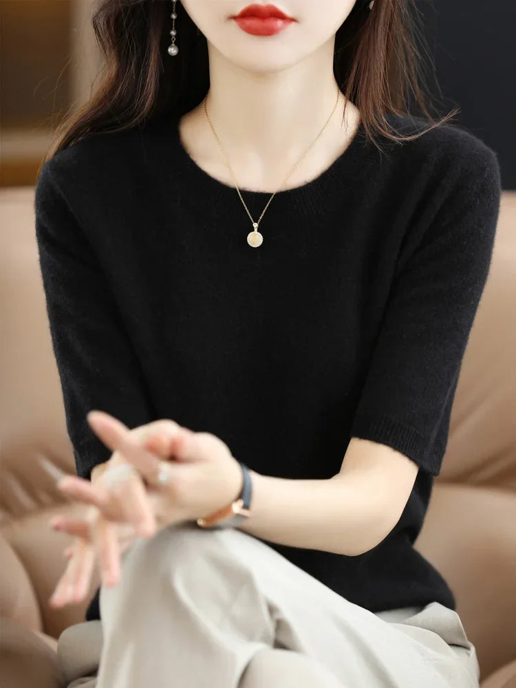 Short Sleeve O-Neck Knit Sweater for Women – Spring Summer Slim Pullover