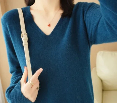 Women’s V-Neck Solid Knit Sweater – Casual Slim Fit Spring Autumn Top