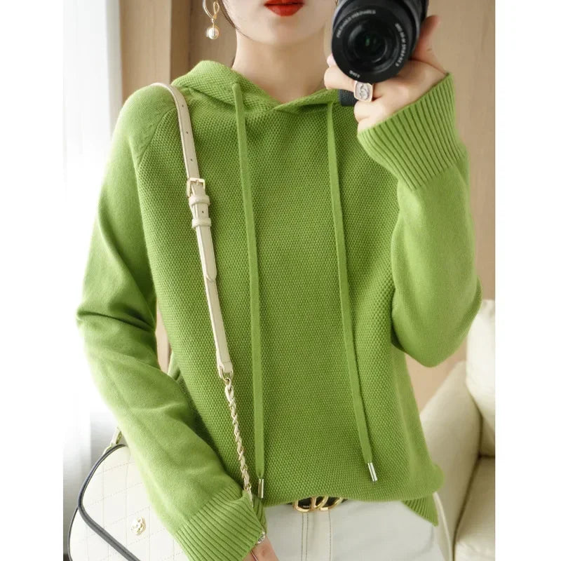 Women’s Hooded Knit Sweater – Warm Long Sleeve Autumn Winter Pullover