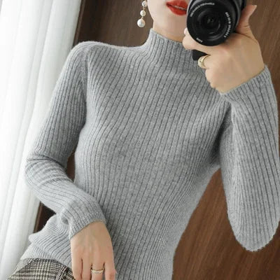 Women’s Thick Warm Slim Sweater, Solid Knit Half-High Collar Autumn Winter