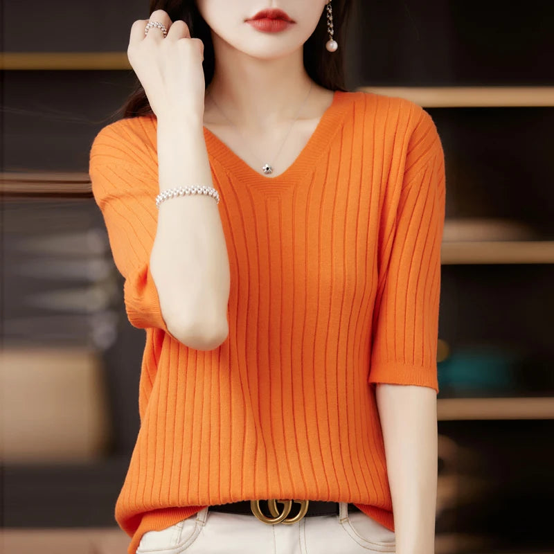 Women’s Short Sleeve V-Neck Knit Top – Casual Summer Stripe Pullover