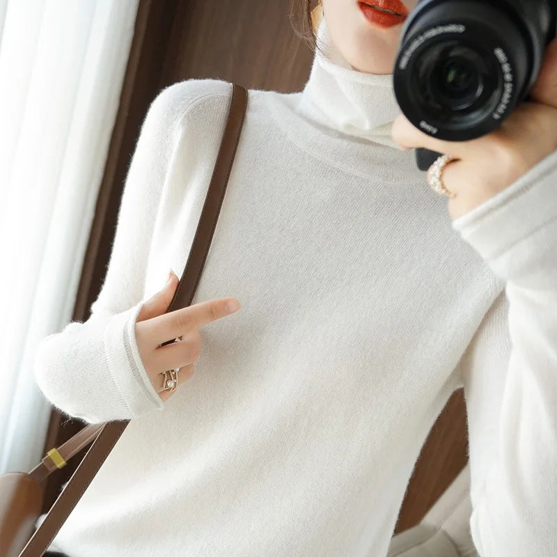 Women’s Turtleneck Slim Sweater, Solid High-Stretch Knit Top Autumn Winter