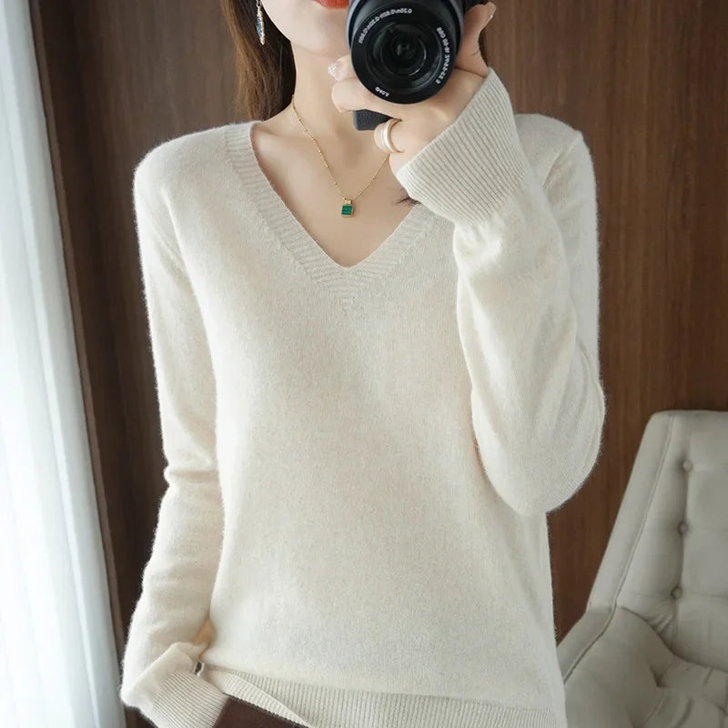 Women’s V-Neck Solid Knit Sweater – Casual Slim Fit Spring Autumn Top