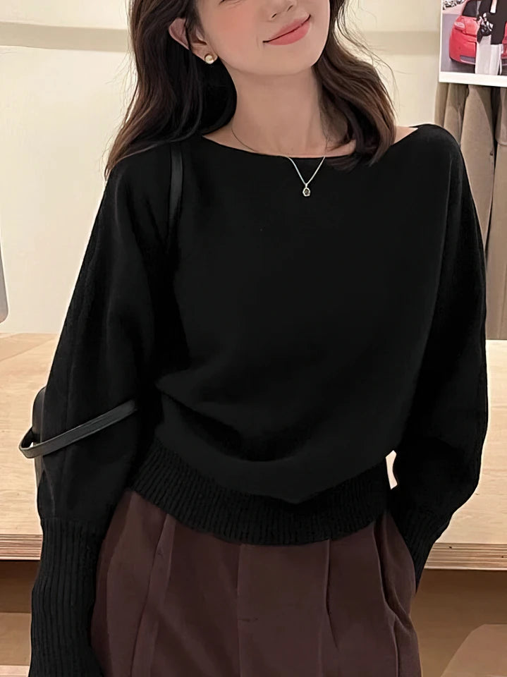 Women’s Batwing Off-Shoulder Knit Sweater – Thick Loose Autumn Pullover