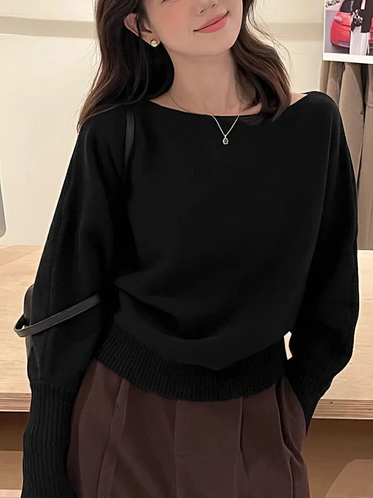 Women’s Batwing Off-Shoulder Knit Sweater – Thick Loose Autumn Pullover