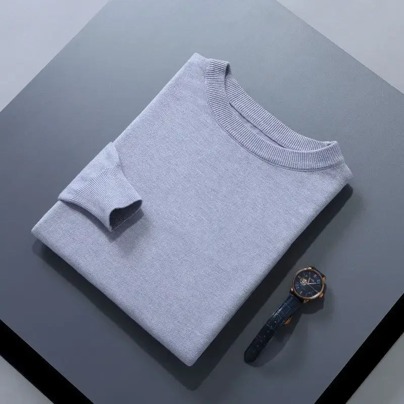 Men’s Soft Wool Sweater, Loose Round Neck Solid Warm Business Knit Top