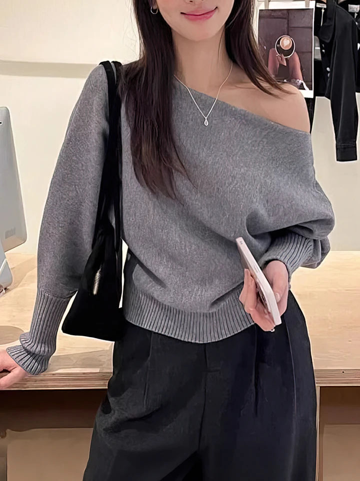 Women’s Batwing Off-Shoulder Knit Sweater – Thick Loose Autumn Pullover