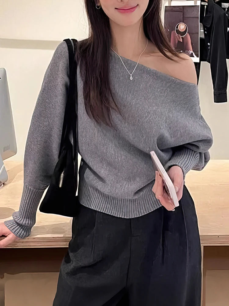 Women’s Batwing Off-Shoulder Knit Sweater – Thick Loose Autumn Pullover