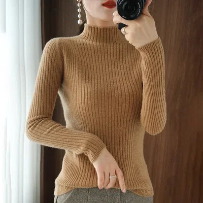 Women’s Thick Warm Slim Sweater, Solid Knit Half-High Collar Autumn Winter