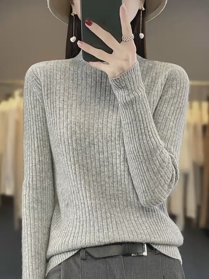 Women’s Thick Warm Slim Sweater, Solid Knit Half-High Collar Autumn Winter