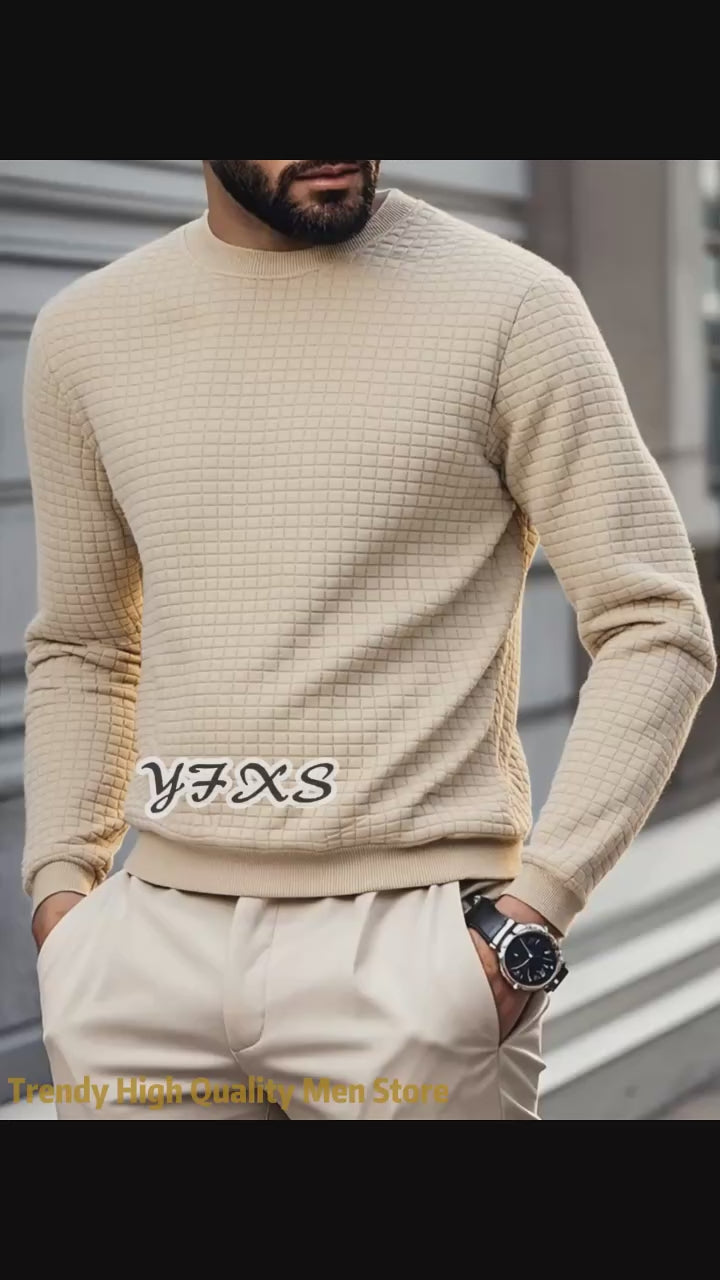 Men’s Crew Neck Knit Pullover, Solid Jacquard Check Slim Casual Sweater